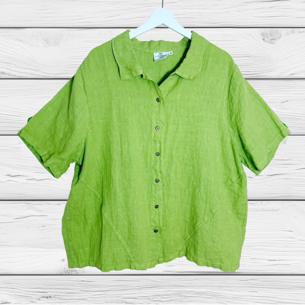 Hot Cotton 100% Linen Camp Shirt Sz 1X Womens Apple Green Short Sleeves Coastal